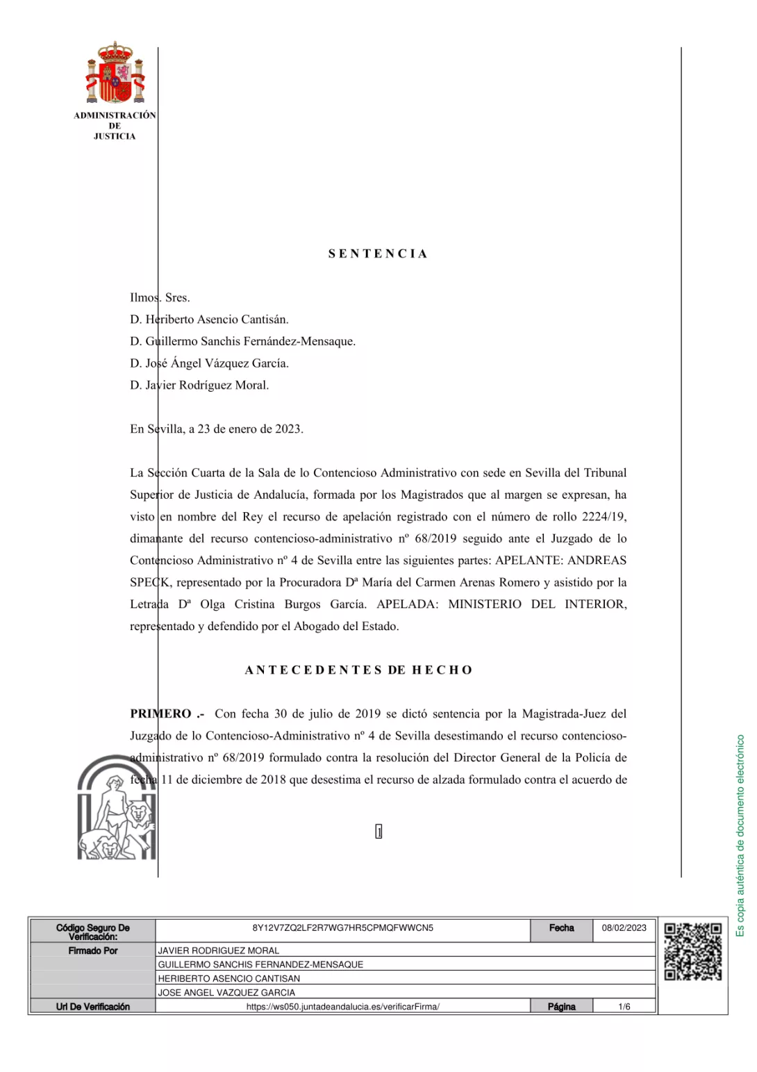 Portada de la sentencia del Tribunal Superior de Justicia de Andalucía